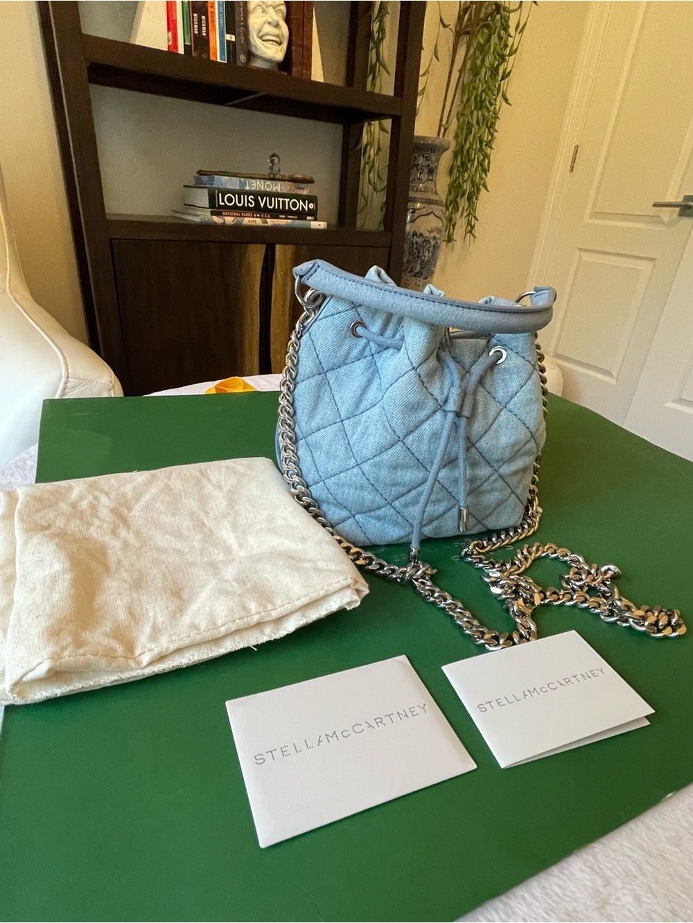 Stella McCartney Quilted Denim Bucket Bag Chain Shoulder Crossbody
